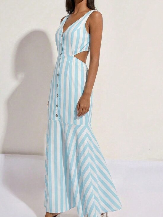 Casual Women's & Striped V-Neck Button detailed Waist Hollow Back Maxi Dress - Picture 4 of 6